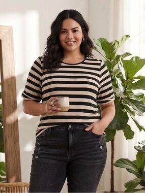 BonWorth Black Gold Striped Top Womens Size L Short Sleeve Button Shoulder